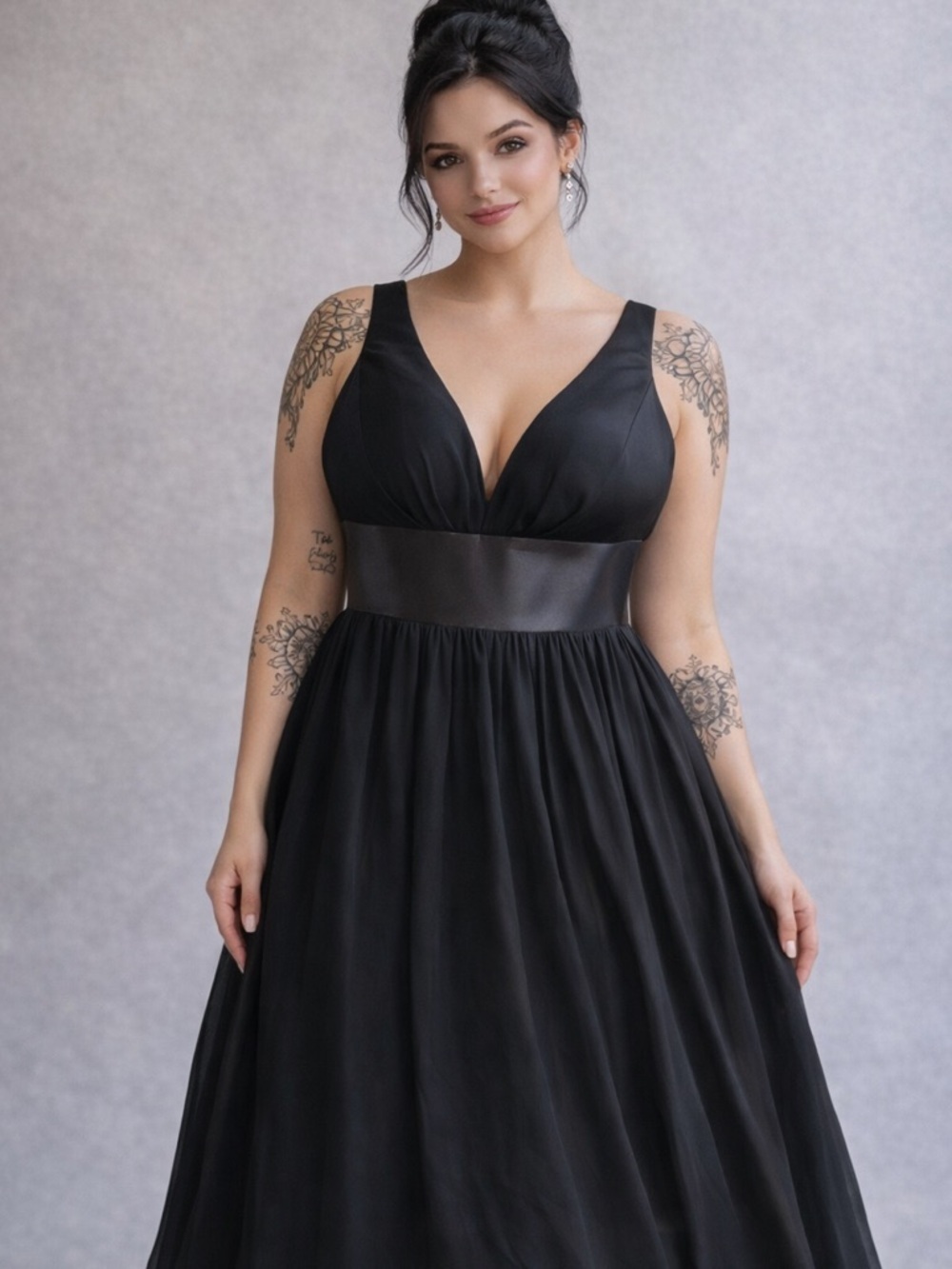 Azazie Black V-Neck Satin Waist A-Line Prom Gown